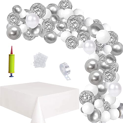 Fiesta de plata (105 unidades), globos, cortina de flecos dorada, bomba de aire para globos y manteles, para decoraciones de cumpleaños negras y doradas, Año Nuevo, bodas, graduaciones Cover