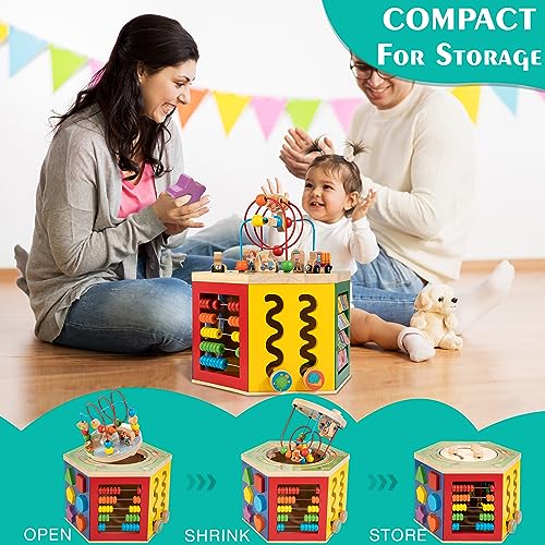 Image of Large Activity Cube, 9-in-1 Farm-Themed Wooden Play Center, Multipurpose Montessori Toy for 1-2 Year Old Baby Toddler Kid, First Birthday Gift | Bonus Magnetic Train Cars