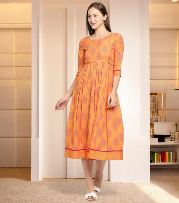 Image of DUMMY SHAPE Maternity Dresses for Women Cotton Rayon | Peach Printed Feeding Flare Kurta with Dual Nursing Zippers to Breastfeeding | Pre & Post Pregnancy | Gift for Pregnant Woman (D-M-P055 XL)