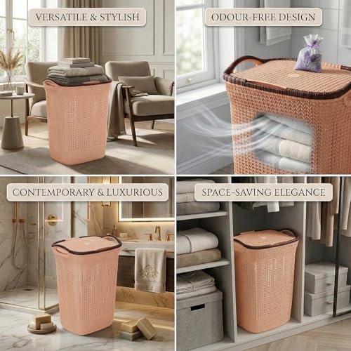 Image of Plastic Laundry Basket with Lid | 60L Extra Large Knit Hamper | Strong & Durable | Ideal for Bathroom, Bedroom & Kids Room | Multipurpose Cloth Storage Organiser | 36 x 46 x 61 cm | Light Peach