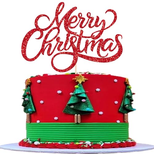 Xsstarmi 1 paquete de decoración para tartas de Feliz Navidad, decoración de tartas con purpurina roja para Año Nuevo, Nochebuena, cumpleaños, celebración, fiesta, suministros de decoración de
