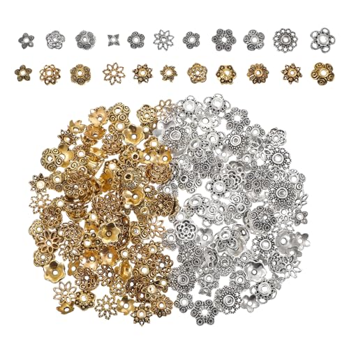 200Pcs 11 Styles Flower Spacer Beads Caps Antique Silver and Gold Flower Bead Caps Vintage Ring Spacer Cap for DIY Bracelet Necklace Earrings Jewerly Making Supplies