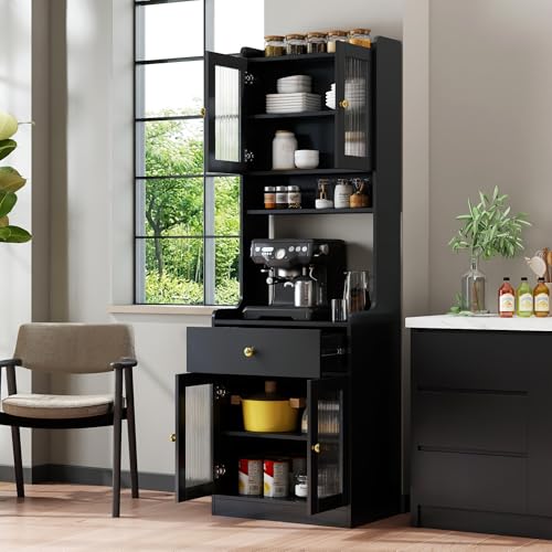 Image of 23.6 inch W Walnut Kitchen Pantry Hutch - Freestanding Storage Cabinet 2 Cabinets 1 Drawer with Microwave Stand for Kitchen Coffee Bar (Black 23 inch W)