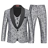 Lamgool Boys Suit 3 Pieces Slim Fit Tuxedo Formal Set Size 12 with Silver Floral Jacquard Jacket Pant Vest for Kids Prom Wedding Party