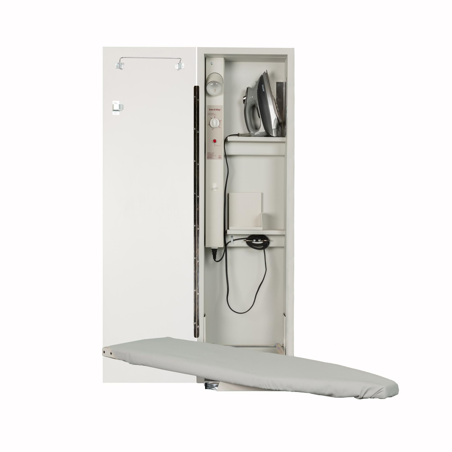 Iron-A-Way AE-42-L Ironing Center - 42 Inch Built-in Swiveling Ironing Board with Electric System, Light and Timer - Left Hinged Door - Flat White