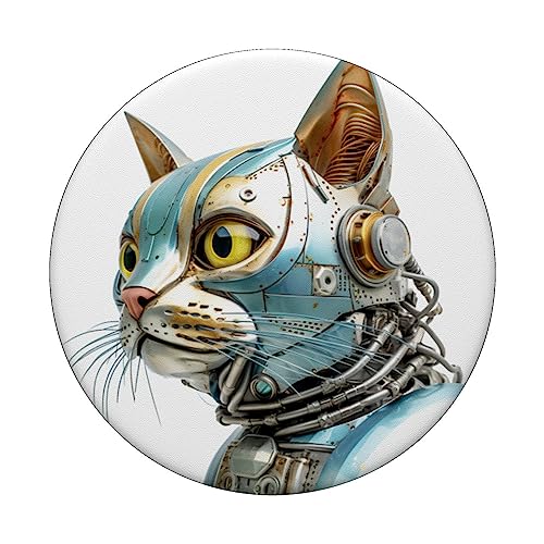 Retro Cyborg Robot Space Cat XVIII PopSockets Swappable PopGrip, Black - Image 3