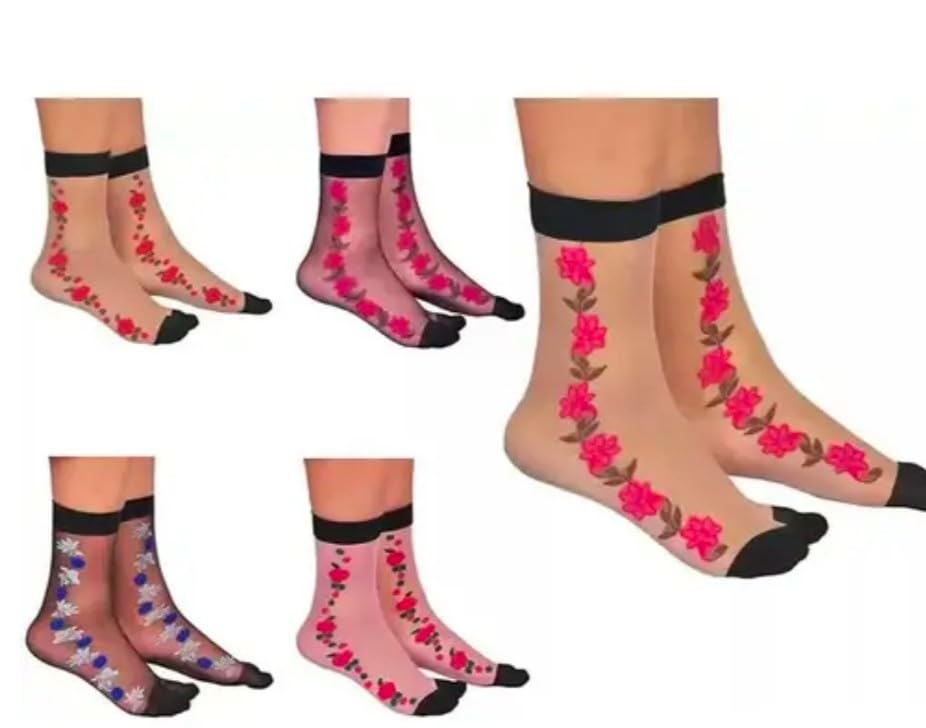 Women's Sheer Floral Ankle Socks, Transparent Nylon, Multicolour Embroidered Design, Pack of 5 Pairs-image-45