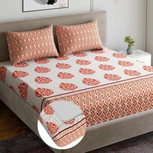 Image of Home Ecstasy 100% Cotton King Fitted Bedsheet with 2 Pillow Covers - (Size 72 x 78 inches, 140 TC, Colour - Red)