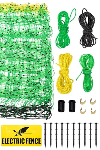 Electric Fence Netting 42.6 H x 164L Electric Anti-Predator Poultry Fence PE Net Fencing Kit with 14 Posts Double Spiked Movable Livestock Nets for Sheep Hogs Cattle and Other Big Poultry