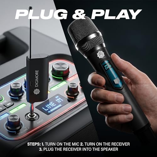 Image of DIGIMORE Rechargeable Wireless Microphone| 6Hrs Battery | 200ft Range | Type-C Charging | LED Digital Display | 2400MHz Cordless Mic for House Parties, Outdoor Party, Singing, Classroom (D-340 Black)