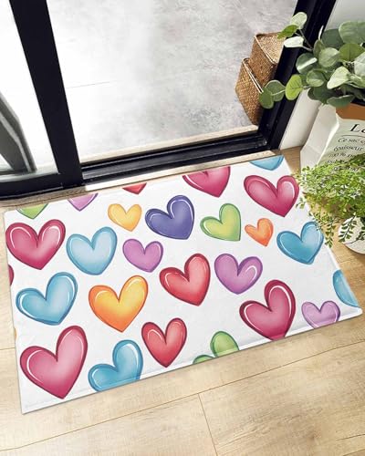 Indoor Doormat Colorful Love Heart,Shaggy Floor Mat with Non-Skid Backing Modern Red Blue Yellow Purple Loves,Machine Washable Plush Area Rug Carpets for Kitchen Nursery Bedroom
