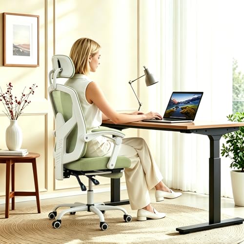 Image of Ergonomic Office Chair with Footrest, High Back Home Desk Computer Chair with Lumbar Support & Headrest, 90-135 Reclining Mesh Back with Wheels for Work, Gaming, Green