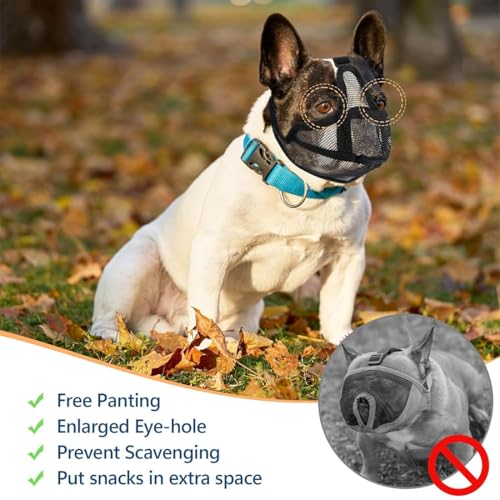 KIRZAX Französische Bulldogge Maulkorb, einstellbare Atmung Mesh,Maulkorb für Hunde mit abgeflachter,Maske für Hunde mit Kurzer,Anti Beißen Kauen Bellen(S,Schwarz)