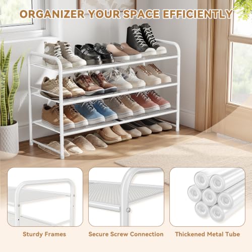 Image of 3 Tier Shoe Storage Rack with Steel Mesh Shelves for Entryway, White