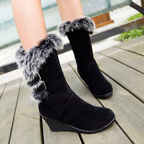 MIOKE Women's Winter Fur Wedge Snow Boots Mid Wide Calf Waterproof Buckle Slip On Platform Warm Snow Boot4