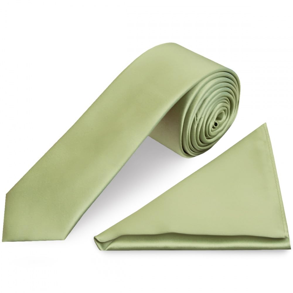 Ties R Us Boys Green Plain Sage Satin Skinny Tie And Pocket Square Set