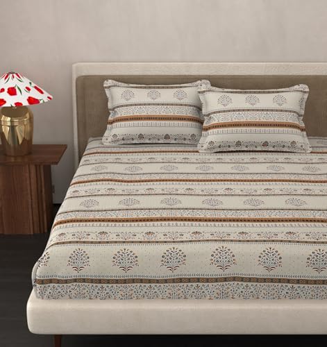 Image of VOMZER King Size (72x78) 300 TC Soft Cotton Feel Microfiber All Around Elastic Fitted Double Bedsheet with 2 Pillow Covers | White Jaipuri