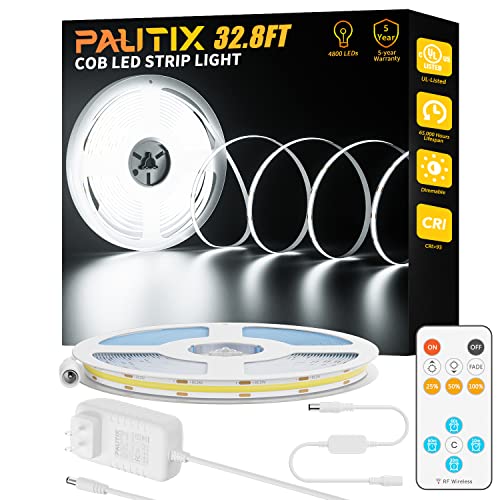 PAUTIX COB LED Strip Light 32.8ft/10m 4800LEDs Daylight White 6000K,CRI93+ Super Bright High Lumen,Dimmable 24V Flexible LED Tape Light with RF Remote,24V 48W Power Supply,for Home&Office DIY Lighting PAUTIX COB LED Strip Light 32.8ft/10m 4800LEDs Daylight White 6000K,CRI93+ Super Bright High Lumen,Dimmable 24V Flexible LED Tape Light with RF Remote,24V 48W Power Supply,for Home&Office DIY Lighting