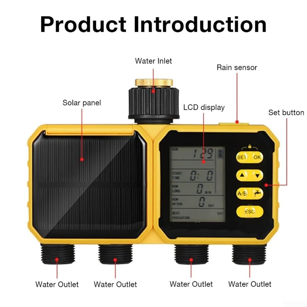 Timer per irrigazione da giardino a energia solare, con sensore di pioggia, regolatore automatico di irrigazione, schermo LCD IPX5, impermeabile per esterni