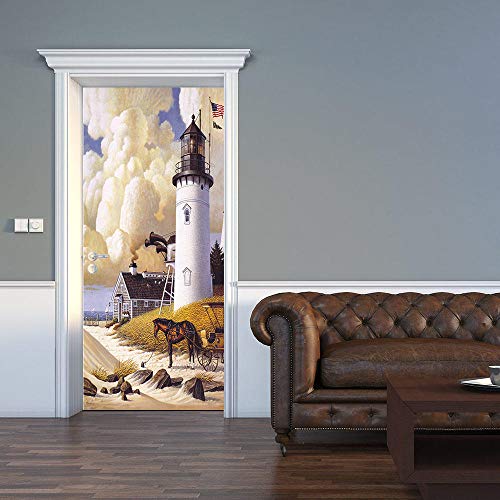 Door Sticker Wallpaper 3D English Country Lighthouse Door Mural Wall Decals Peel And Stick Removable Modern Art For Home Decor Door Decals 77Cmx200Cm #TOP26