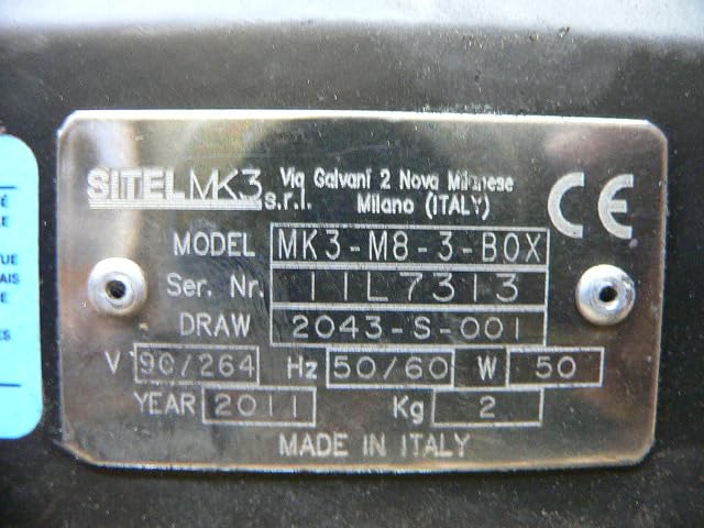 Close-up of the Sitel MK3-M8-3-BOX nameplate with model number, serial number, and electrical specifications.
