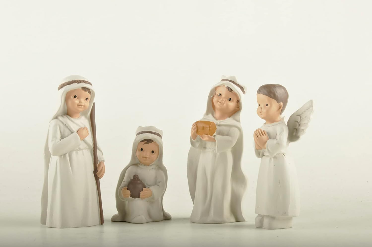MeritMode Weihnachtskrippen-Set, 12-teilig Heilige Familie Figur handbemalt Mini Deko religiöse Weihnachtsfiguren Krippenfiguren Krippenfiguren inkl. Jesuskind, Maria und Josef, Kunstharz, cremeweiß