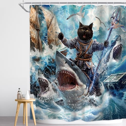 Image of Funny Black Cat Shower Curtain Riding Shark Surfing 60Wx72H Inch Decor