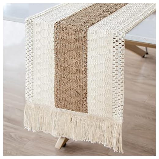 OurWarm Splicing Burlap Table Runner Farmhouse Style, Boho Table Runner Modern Farmhouse Decor Rustic Woven Cotton Crochet Lace for Bohemian, Rustic, Wedding, Bridal Shower, Dinner, 108 inch