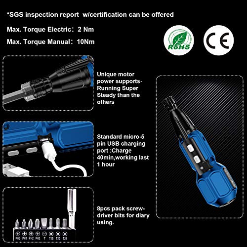 Rechargeable Cordless Screwdriver-Electric Screwdriver Hand Tool Kit for Man Women Mini Portable Cordless Power Drill with LED Light,USB Charging Cable (W/1 double side bit) Black Blue