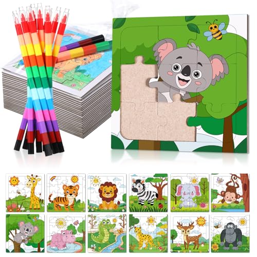 Fullhawl 24 Pack Wild Animal Puzzles Jungle Safari Color Your Own Puzzles DIY Wild One Jigsaw Puzzles with 12 Stackable Crayons and 12 Bags for Safari Theme Gifts Birthday Party Supplies
