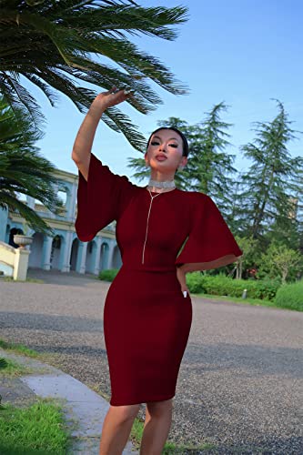 Image of Memoriesea Women's Basic Bodycon Ruffle Flared Short Sleeve Pencil Midi Dress
