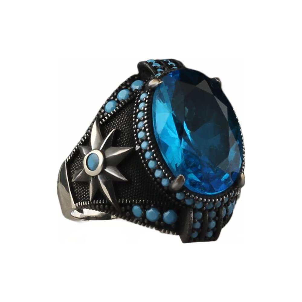 Mens Ring Sterling Silver Aquamarine Stone Jewelry for Men Rings Signet Anillos para Hombre Turkish Rings Anillo de Plata Mens Gemstone Rings Man Ring Stone Rings. silver rings for men aquamarine ring