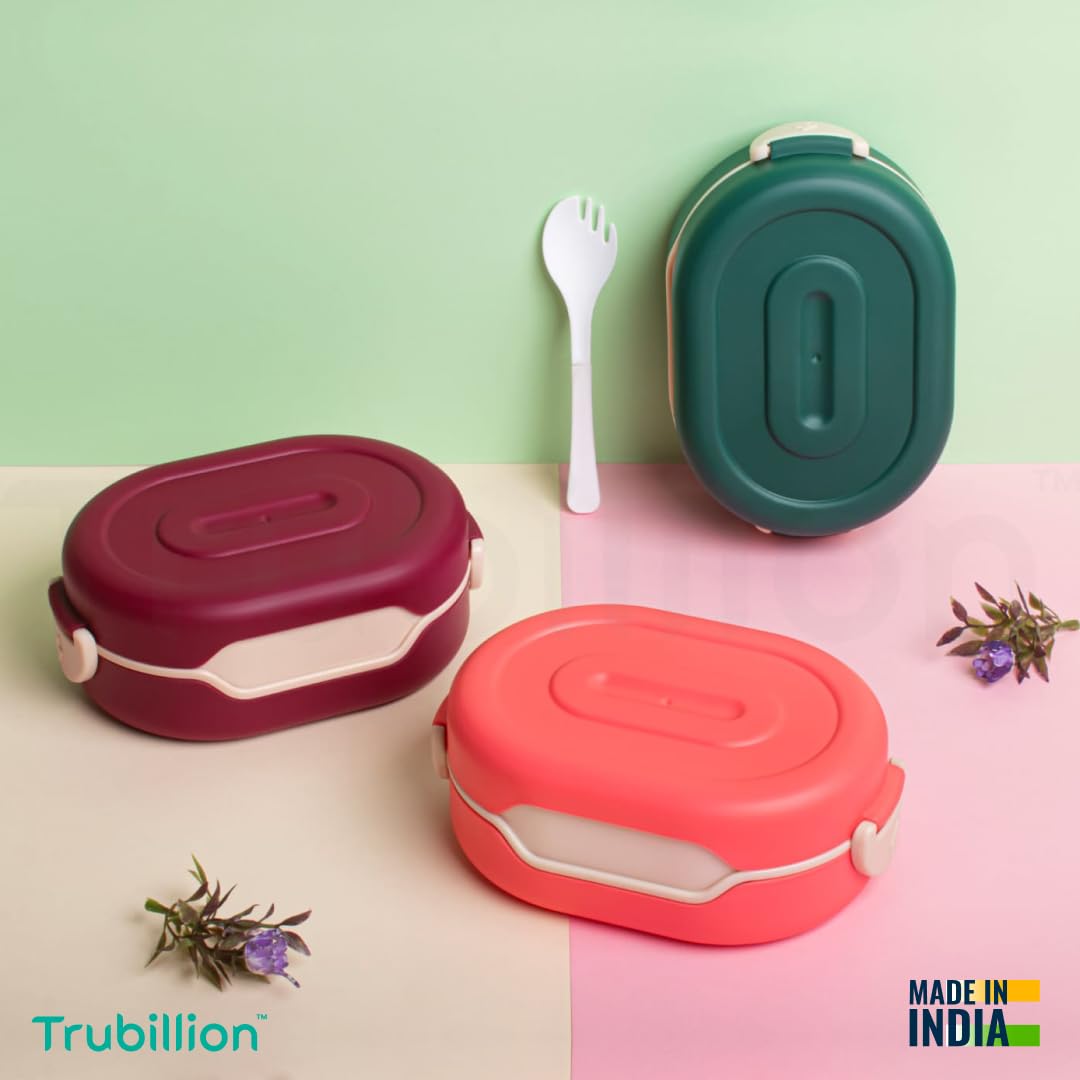 TRUBILLION Tasty Lunchbox, 2 Compartment Bento Lunch Box (900ml) with 2-in-1 Spoon, Leak Resistant, Unbreakable, BPA-Free, Food Grade, for Kids & Adults, School, Office, Travel (1, Orange) 2