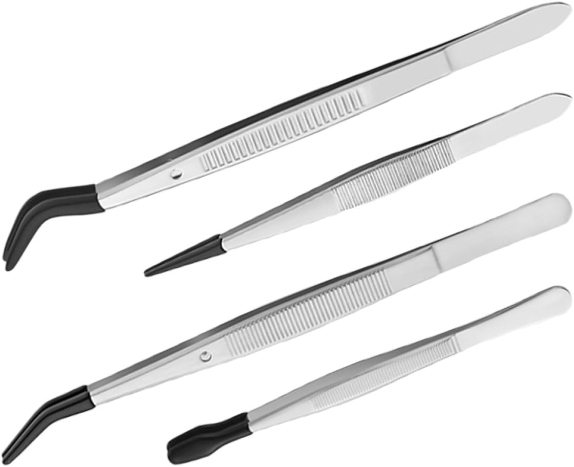 Ciieeo 4pcs Stainless Steel Tweezers Set with Anti-slip Silicone Coated Tips for Precision Crafting, Eyelash Extensions, Stamp and Coin Handling in Home and Lab Use