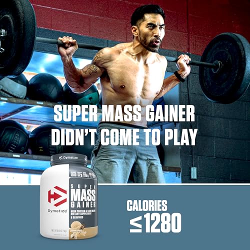 dymatize super mass gainer protein powder gourmet vanilla 52g protein 1g creatine 1280 calories 107g bcaas 245g carbs contains whey protein powder isolate and casein 8 servings