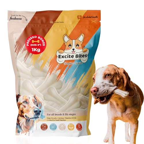 Image of EXCITE BITES Pressed Rawhide Bones for Dog Treats | Calcium Bone Chewing Needs | 8 Inch Calcium Bone Treat for All Dogs | Dog Chew Bone Mega Pack (Size 8 inch) (1 Kg Pack)