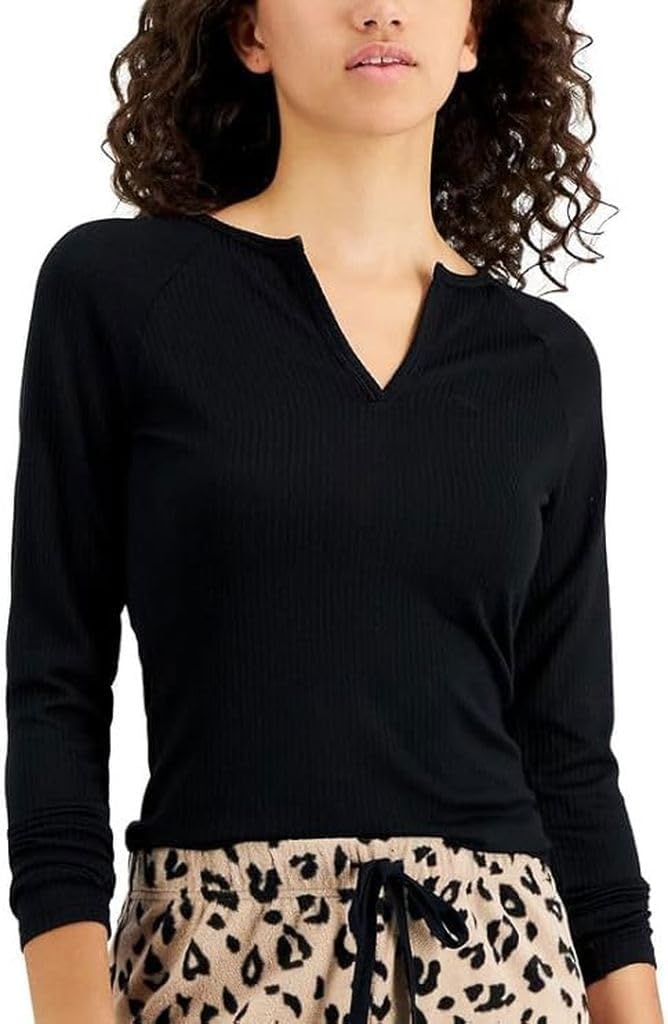 Jenni Women's Split-Neck Pajama Top (Deep Black, Medium)