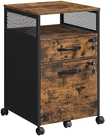 VASAGLE File Cabinet with Lock, Filing Cabinet with 2 Storage Drawers, for Hanging File Folders, Open Shelf, Home Office, Steel Frame, Industrial, Rustic Brown and Black UOFC077B01
