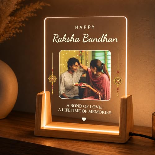 Image of Giftplease Personalized Raksha Bandhan LED Acrylic Photo Frame with Custom Picture and Message, Wooden USB Night Lamp, Brother Sister Festival, Rakhi, Rakshabandhan, Table Decor, Engraved Memory Keepsake