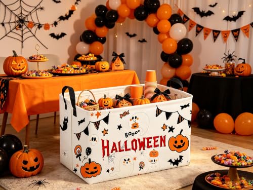 Image of Sanjiaofeng Rectangular Halloween Ghost Storage Basket,Halloween Basket.Cute Baskets for Room Decor, Pumpkin Baskets with Handles.Books Bins,Gifts Box(White Ghost)