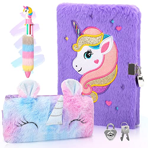 Anyfirst Diario Segreto A5 Bambina con Lucchetto, Set Include Taccuino in Peluche Unicorno, Regalo per Bambina di 5 6 7 8 9 10 11 12 Anni, Viola