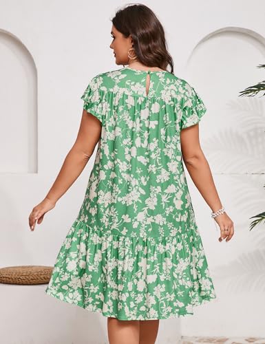 Image of ShopWonder Womens Plus Size Dress Crew Neck Ruffle Sleeve Casual Swing Flowy Tiered Midi T Shirt Dresses with Pockets