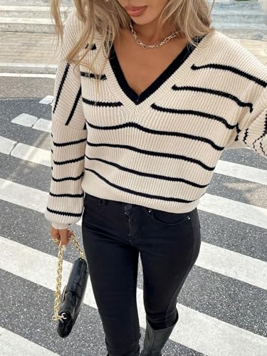 Image of ZAFUL Women's Cropped Sweater V-Neck Long Sleeve Pullover Jumper Knit Top