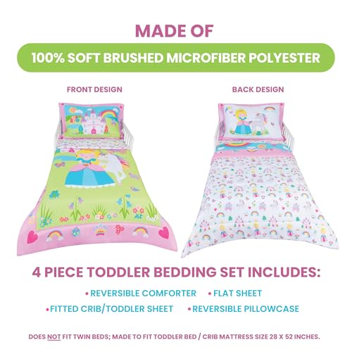 Image of Todays Kids Princess Toddler Bedding Set for Girls - 4-Piece Toddler Bed Comforter Sets for Girls, Reversible Comforter & Pillowcase, Flat Sheet, Fitted Sheet, Breathable & Super Soft Microfiber