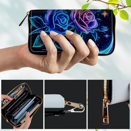 Women's RFID Blocking Wallet PU Leather Slim Bifold Wristlet Clutch with Large Capacity,16 Card Slots & Zipper Coin Purse Pocket Ladies Travel Purse Wristlet,Blue Roses Moon Stars4