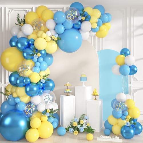 Ouddy Life Blue and Yellow Balloons Arch Kit 152 Pcs Lemon Metallic Pastel Blue Light Yellow Flower Printed White Balloon for Birthday Summer Wedding Bridal Baby Shower Engagement Party Decorations