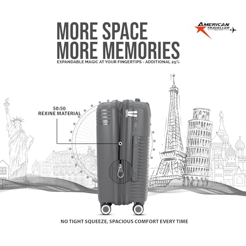 Image of AMERICAN TRAVELLER Touris Travel Trolley Bag Set of 3 | Lightweight Expandable Polypropylene Hard Shell | Large Suitcase with TSA Lock | 8 Lego Wheels | Travel Luggage for Men & Women (3, Grey)