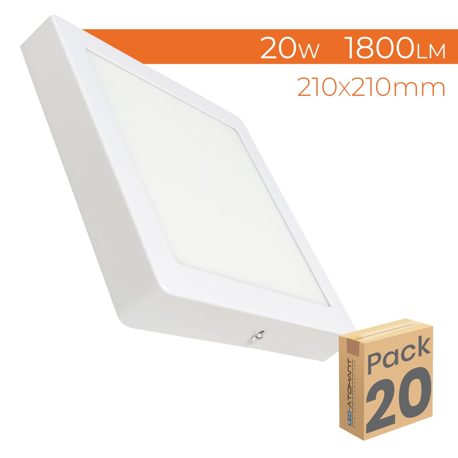 LED ATOMANT 20x Plafon LED Superficie Cuadrado 210x210mm 20W Luz Neutra | Color Blanco Neutro 4500K, 1800 Lumenes, Driver incluido