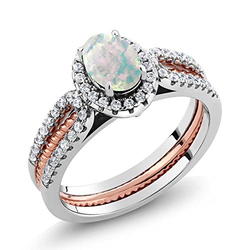 925 2-Tone Sterling Silver Simulated White Opal Women's Wedding Band Engagement Insert Stackable Ring (1.25 Cttw, Oval Cabochon 7X5MM, Gemstone October Birthstone, Available in Size 5,6,7,8,9)2