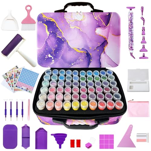 Image of Muzagroo Art Diamond Painting Storage Containers Diamond Art Storage Case with Accessories and Tools Portable Shockproof 120 Slots Organizer Case for Diamond Painting Kits L (Purple-Deluxe Set)
